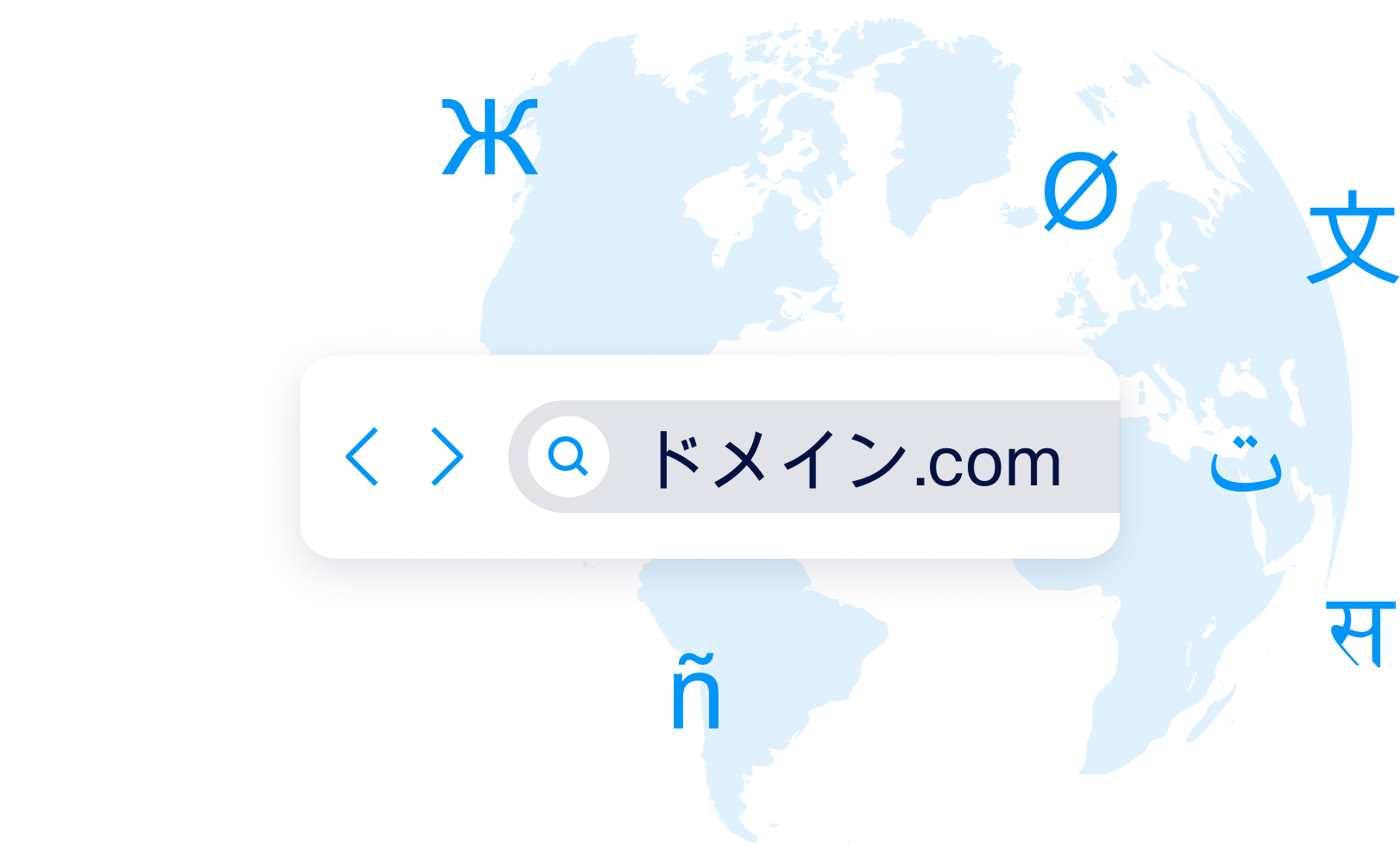 world globe with various language scripts and a search bar searching for a internationalized domain name