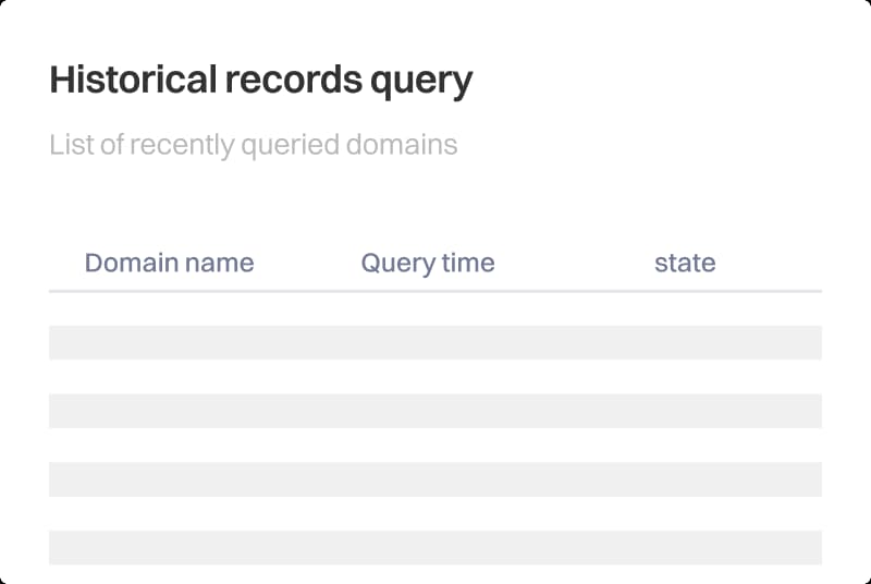 Um gráfico de interface simples intitulado “Consulta de registros históricos” mostrando uma tabela em branco com os cabeçalhos das colunas Nome de domínio, Hora da consulta e Estado, representando uma lista de domínios consultados recentemente em um histórico ou registro de consultas WHOIS.