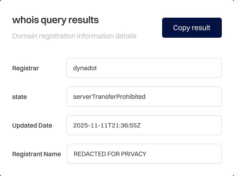 Gráfico de um resultado de consulta WHOIS mostrando detalhes de registro de domínio em um layout de tabela com cabeçalhos como Nome de Domínio, Registrador, Titular, Atualizado, Criado e Expira—ilustrando como o WHOIS exibe informações-chave do registro de domínio após uma consulta.