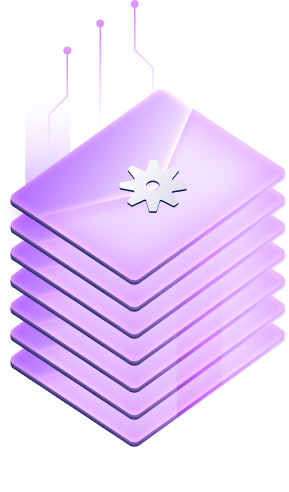 3D purple gradient illustration of a stacked data/server block with a small security badge icon on top and abstract vertical shapes in the background.