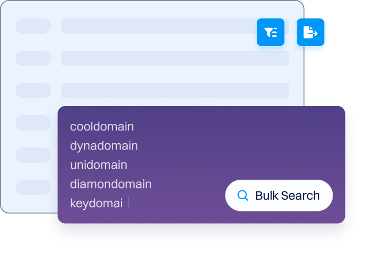 Illustration of a bulk domain search interface showing a list of domain names typed into a large input box, with filter and export icons above and a “Bulk Search” button on the right, representing searching multiple domains at once.