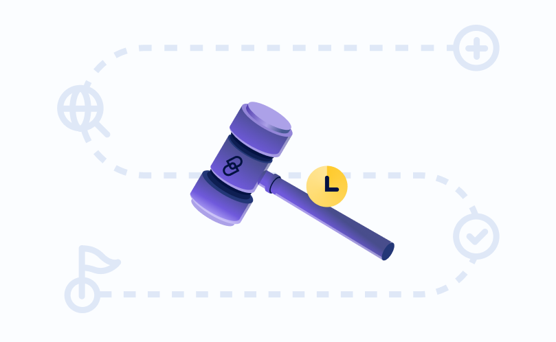 Illustration of a purple auction gavel with a small clock icon beside it, placed over a dotted path with faint icons in the background, representing time-limited bidding and the auction process for expired domains.