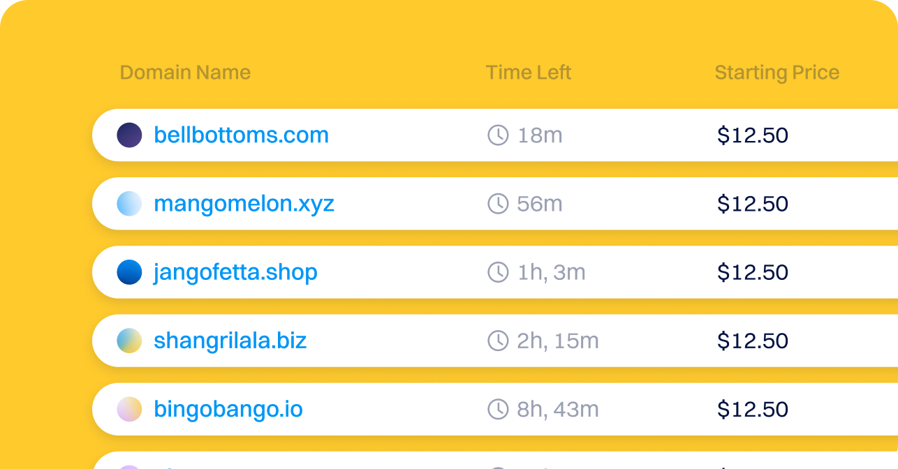 Screenshot of an expired domain auction list showing multiple domain names with remaining time left and a starting price of $12.50 for each listing, presented in a table-style layout.