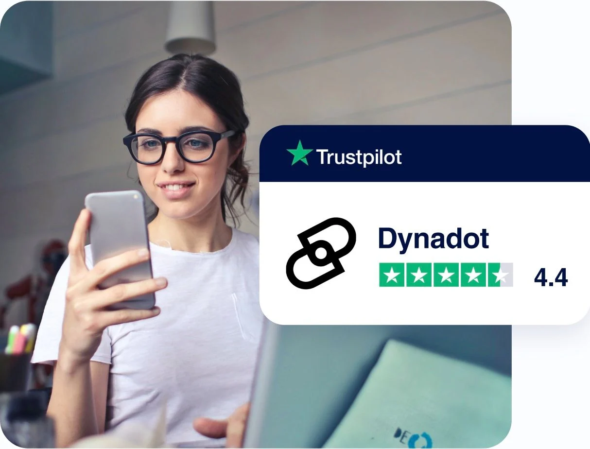 young lady with glasses checking her phone with dynadot trustpilot rating placed over the image