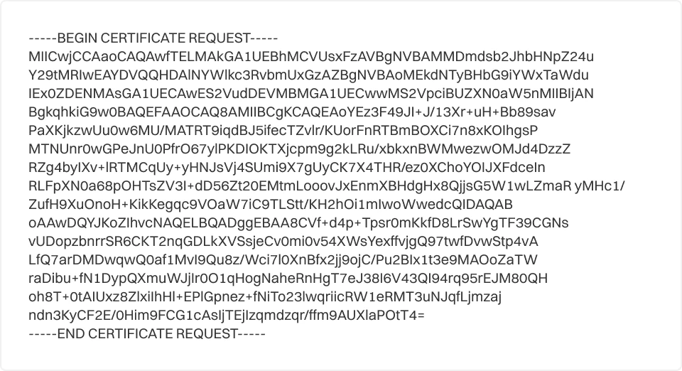सर्टिफिकेट साइनिंग रिक्वेस्ट (CSR) का टेक्स्ट व्यू जो “BEGIN CERTIFICATE REQUEST” और “END CERTIFICATE REQUEST” के बीच एन्कोडेड सर्टिफिकेट डेटा का एक ब्लॉक दिखाता है, जिसका उपयोग SSL सर्टिफिकेट जनरेशन के लिए किया जाता है।
