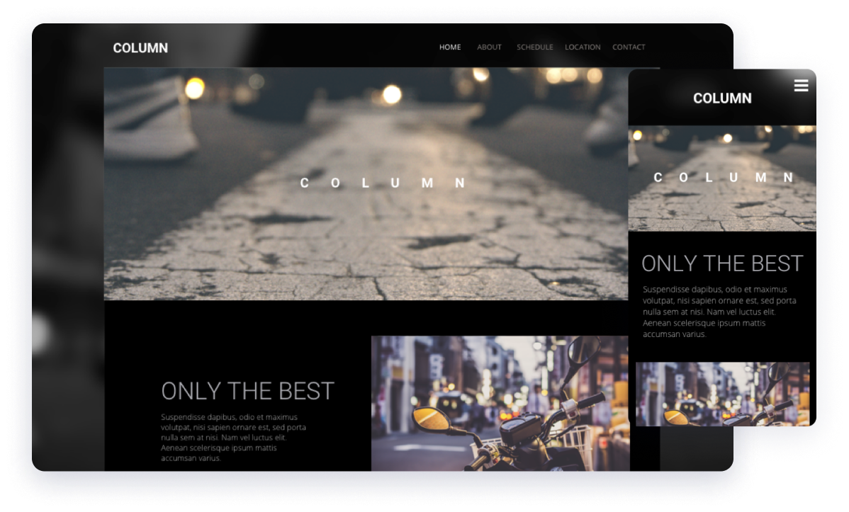 column website template with large header image of a line on pavement used for news and article columns and the mobile version
