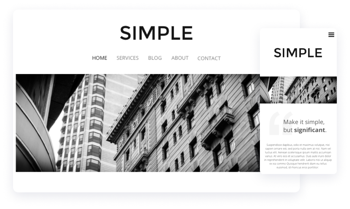 simple minimal website template design with a large navigation and a header image with buildings and the mobile version
