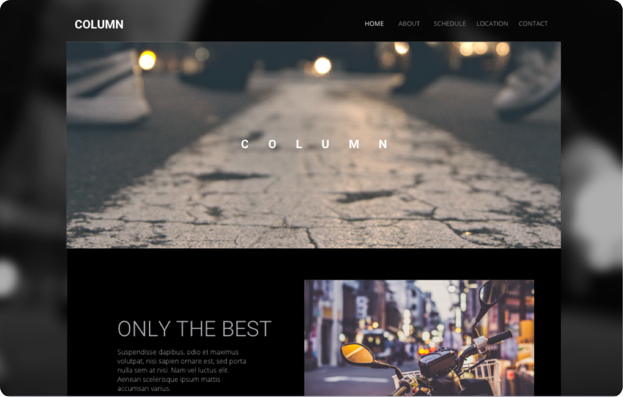 website template with large header image of a line on pavement used for news and article columns