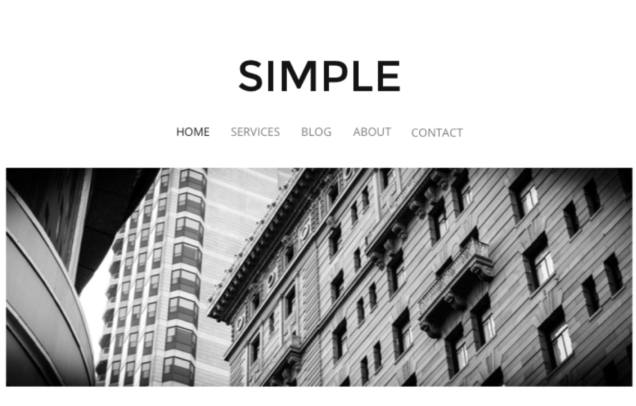 minimal website template design with a large navigation and a header image with buildings